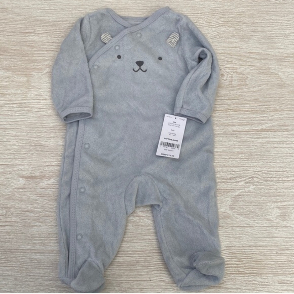 NWT 🐻 Infant Carters Side Button Up Bear Footed Pajamas Baby Blue 6 Mos
